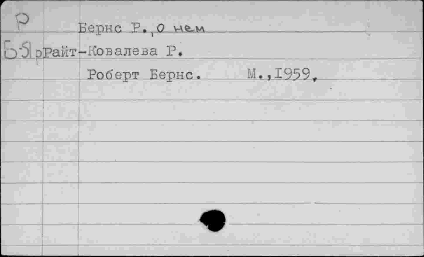 ﻿P		Бернс P. 0	
ivSl эРайт		-Ковалева P.	
		Робеют Бетоне.	М.,1959-
			
			
			
			
			
			
			
			